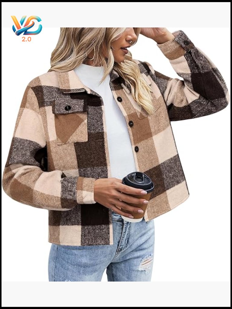 Cropped Plaid Flannel Shacket Jacket With Button Front